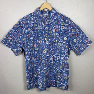 Vintage Reyn Spooner Shirt XL Americana Folk Art AOP Patriotic Hawaiian Blue